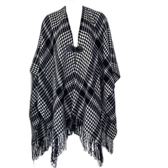 SHAWLY WRAP PONCHO Houndstooth Black White Toggle Front Closure 53 x 44 inch - Picture 1 of 13
